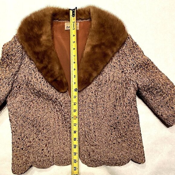Vintage 40s 50s Pam Stewart ribbon knit crop coat chocolate brown mink collar - Picture 13 of 17